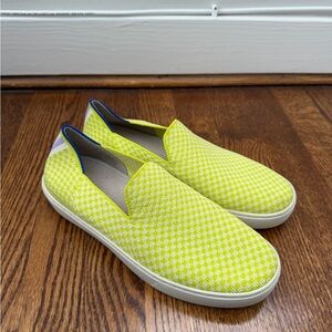 Rothy's Neon Yellow Checkered Sneakers with Purple Stripe on Back